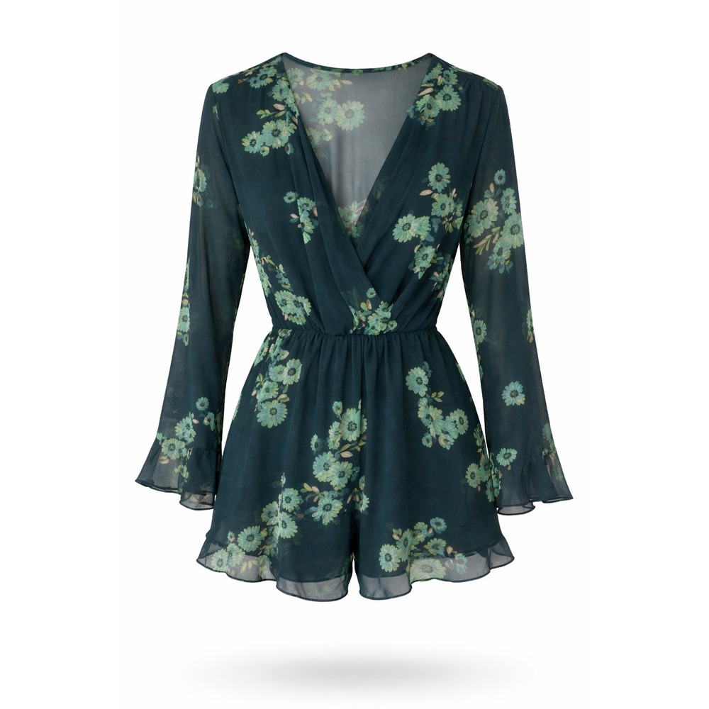 Meghan Los Angeles Floral Romper Green V-Neck Bell Sleeve Small Romper
